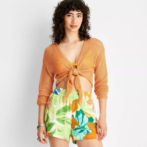 Future Collective | Orange Metallic Long Sleeve Tie Front Crochet Sweater